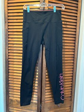 Calvin Klein Black Leggings with Pink Side Logo - with pockets